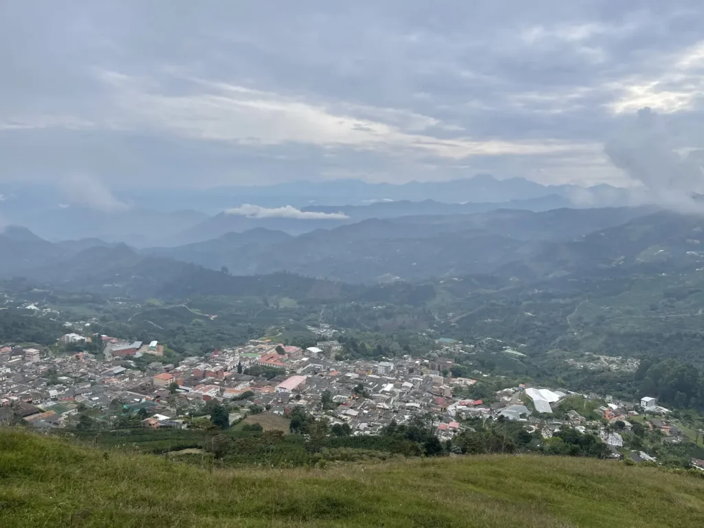 The town of Concordia spread across a green valley floor, seen from a high ridge above the farm